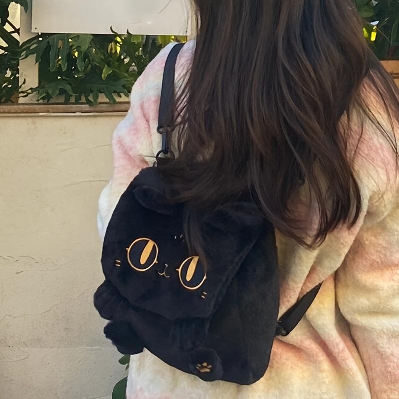 Cute Cartoon Cat Embroidered Plush Backpack - Fashionable Crossbody Bag with Zip Closure for Women