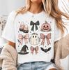 Cute Pink Bow Ghost Halloween Shirt Spooky Season Graphic Tee