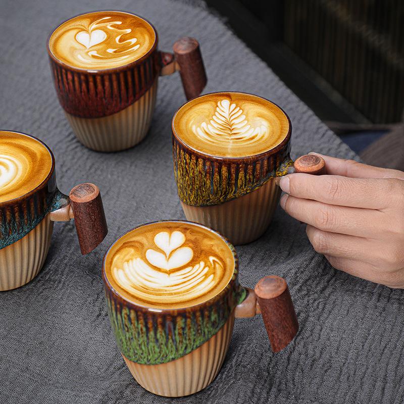 Coarse pottery coffee cup medieval cup wooden handle mug niche kiln change Japanese retro ceramic water cup afternoon tea cup