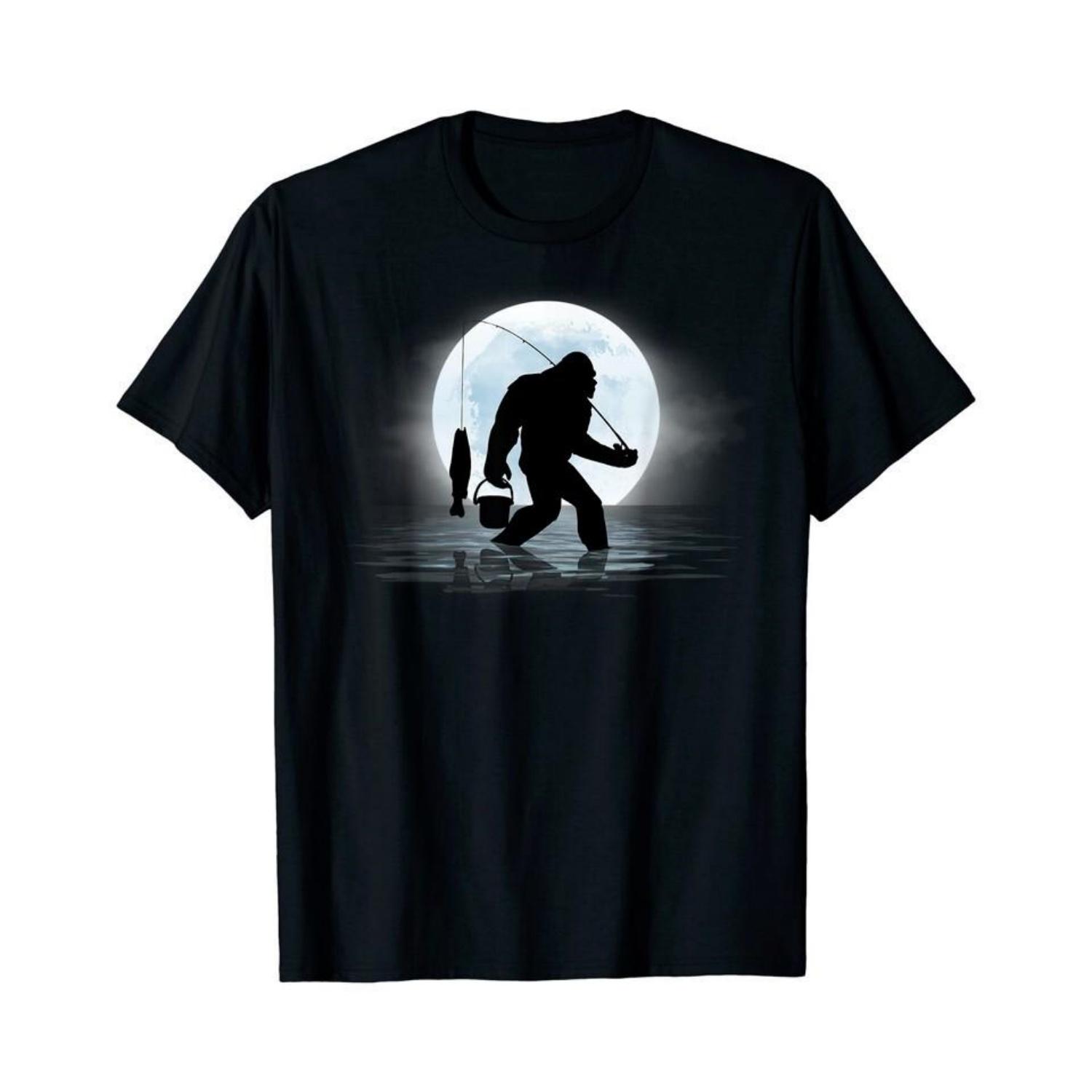 SALE Bigfoot Fishing Funny Sasquatch and Fish Night Fishing Black T-Shirt Unisex T-Shirt S чёрный