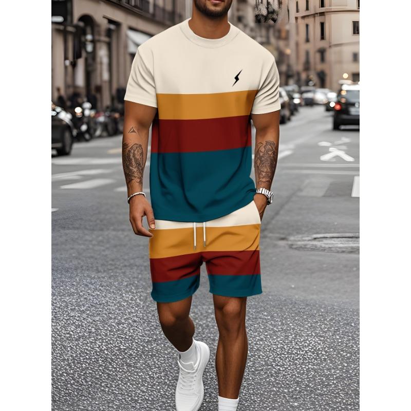 Summer Men s Patchwork Print Short-Sleeve Shirt and Shorts Set – Outdoor Sports Style – Fashionable Two-Piece Set 4XL