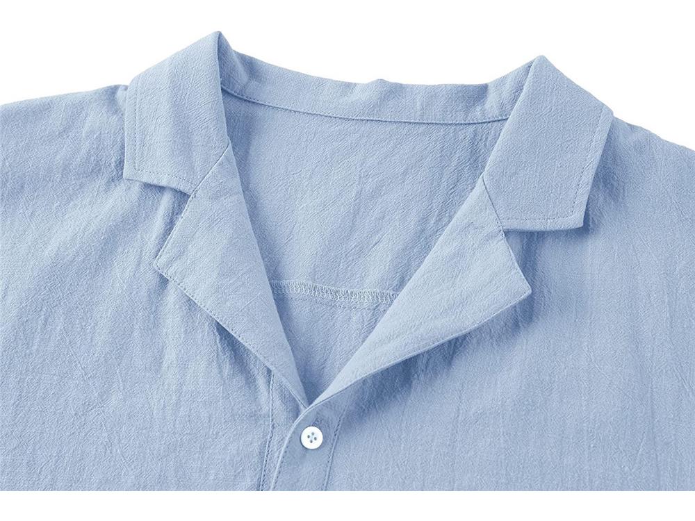 2023 Men's Casual Lapel Short-Sleeve Solid Color Cotton and Linen Shirt - European and American Style