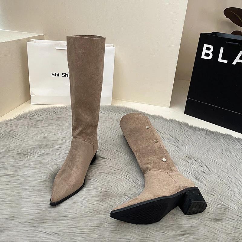 

Винтажные женские сапоги в стиле ковбойши, модные туфли с острым носком, осенне-зимние женские длинные сапоги в стиле рыцаря 35