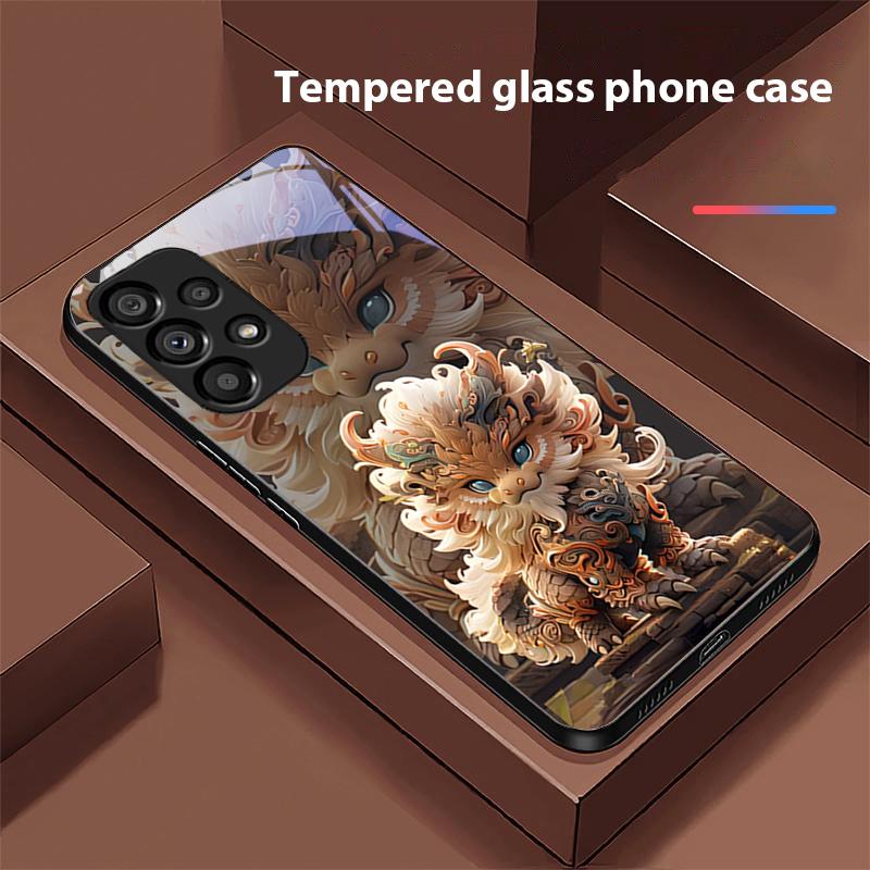 Chinese Style Lion For Samsung Galaxy S 8 9 10 20 Plus 21 FE 22 23 24 Ultra S7 Edge Black Tempered Glass Phone Case Hard Shell