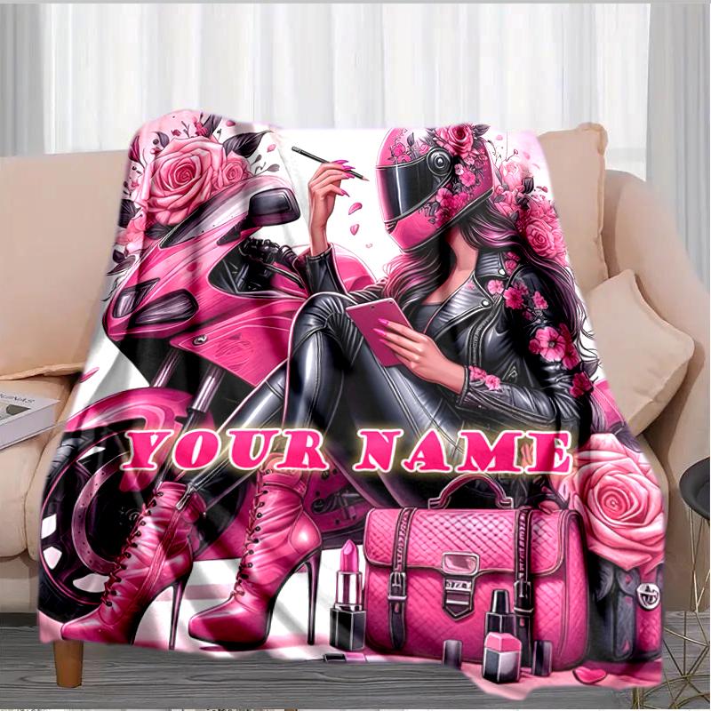 1PC Custom Name Pink Motorcycle Fashion flannel blanket versatile,all-season throw suitable for the living room,bedroom,camping,travel,and gift