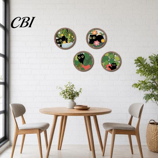 Warm Wood Grain Texture 4PCS Black Cat Wall Sign, with Art, Scratch-Resistant Sun-resistant Hanging Home Decor, Nordic Retro Style for Nursery Bedroom