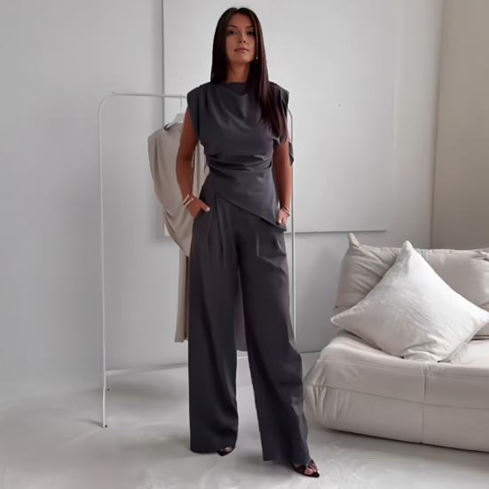 Women Two Piece Outfits Summer Sleeveless Irregular Hem Top And Wide Leg Pants Set Casual Business Office Set