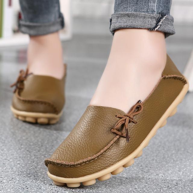 New Moccasins Women Flats  Autumn Woman Loafers Genuine Leather Female Shoes Slip On Ballet Bowtie Women 'S Shoes Big Size