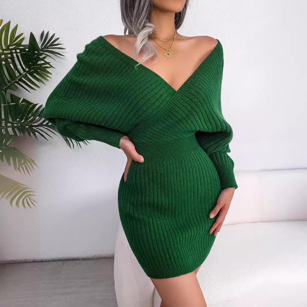 Cross V-Ausschnitt Fledermausrock Pulloverkleid für Damen, perfekt für die europäische und amerikanische Herbst-/Wintersaison