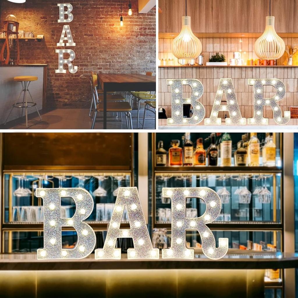 Light Up Bar Sign, Glitter Marquee Bar Letter Signs for Home Decor, Illuminated Bar Letter Lights Battery Powered for Bar Accessories Bistro Party