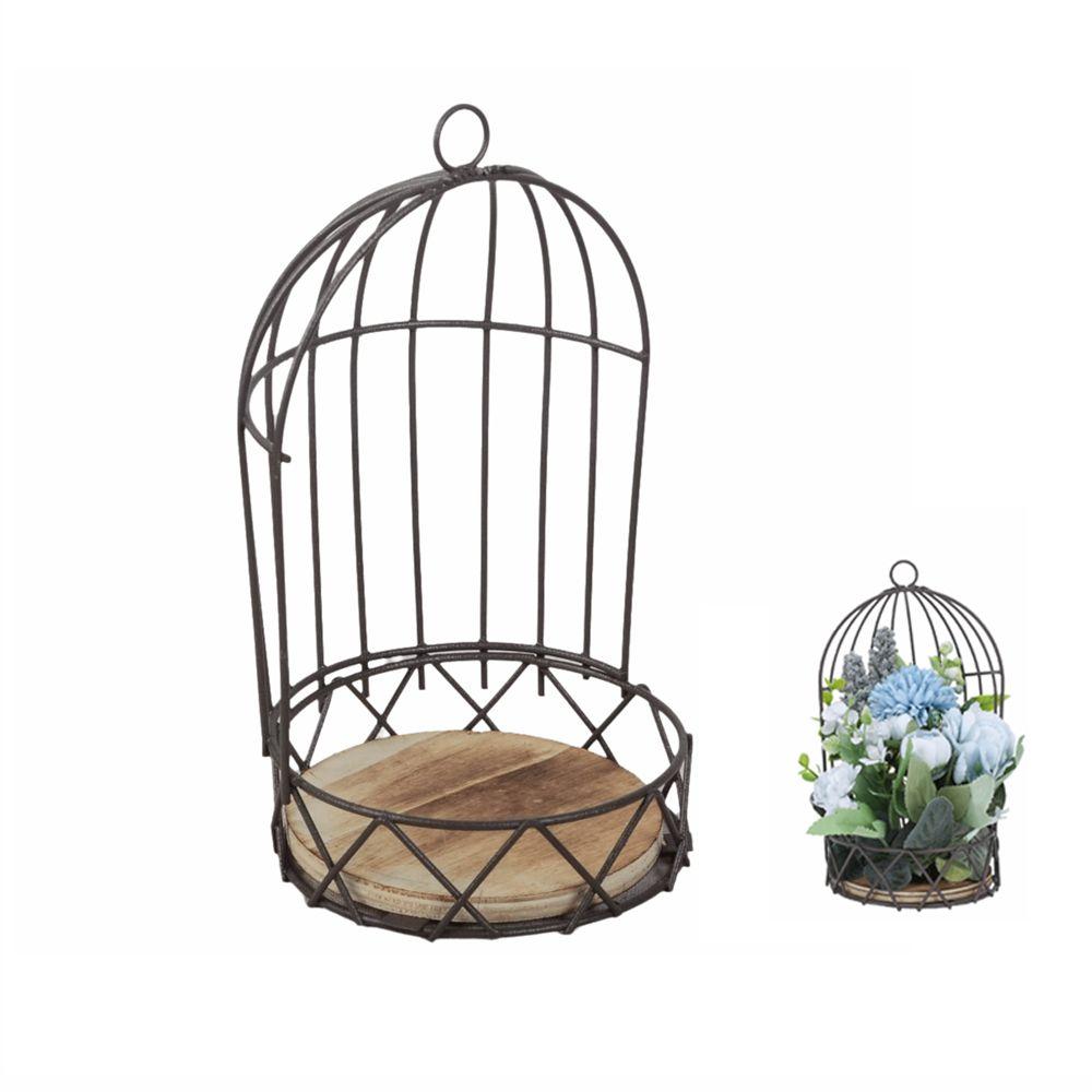 Vintage Birdcage Planter Stand Iron Frame,Wooden Board Bird Cage Table Decor  Vase Bouquet Display