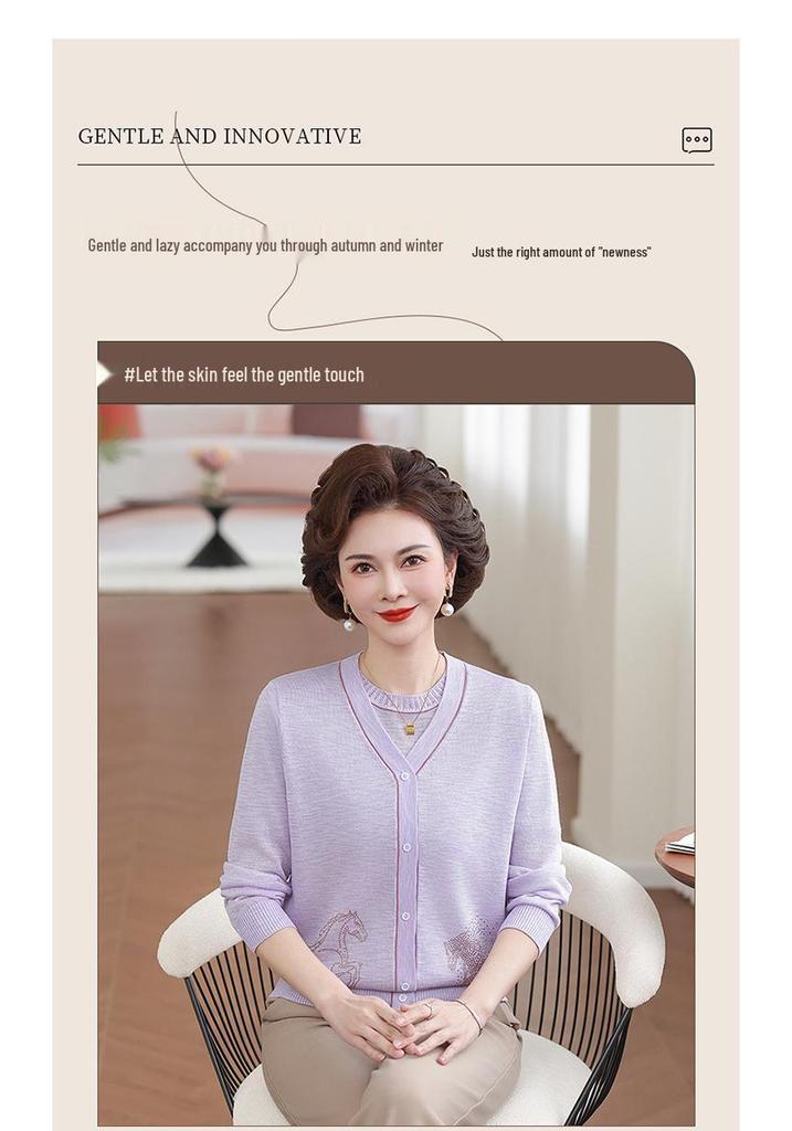 Spring 2026 Elegant Chinese-Style Knitted Two-Piece Cardigan Set for Middle-Aged & Elderly Women