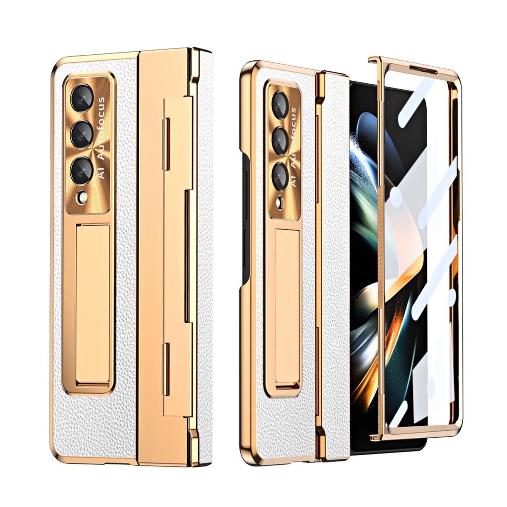 Sam Z Fold 5 Luxury Plating Leather Hard Case for Samsung Galaxy Z Fold 4 3 Fold3 Fold 5 Case Glass Film Screen Hinge Protection Cover