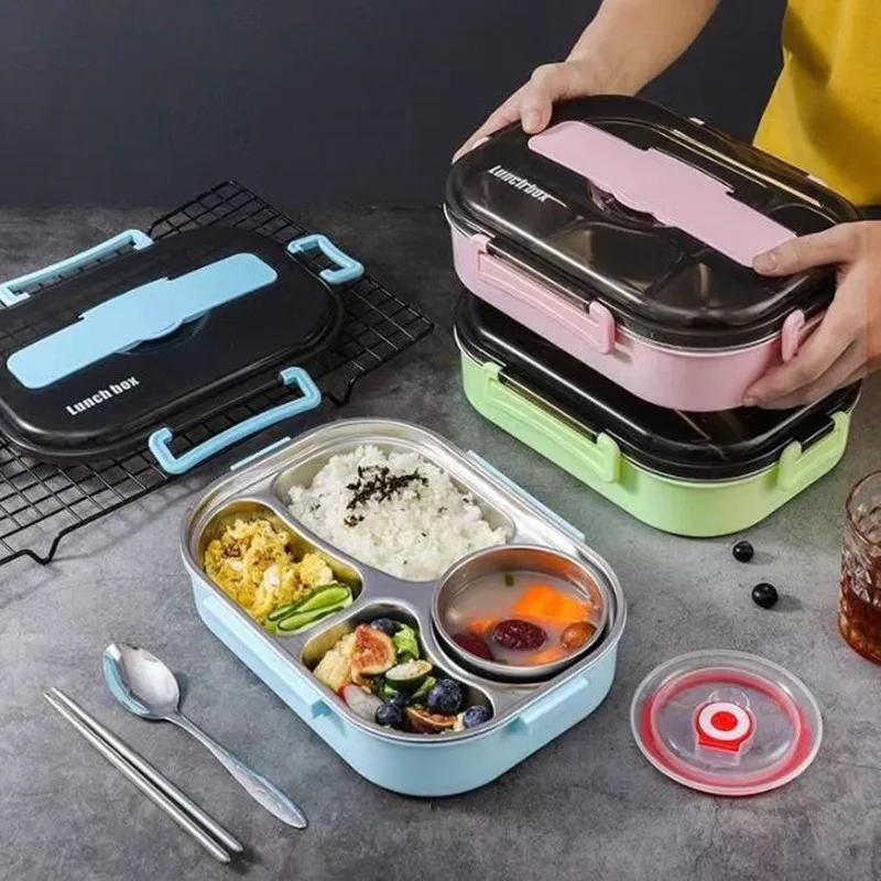 4 Grid Portable Insulated Lunch Box 304 Stainless Steel Office Workers Leakproof Divides Lunch Box Large Capacity Bento Sealed