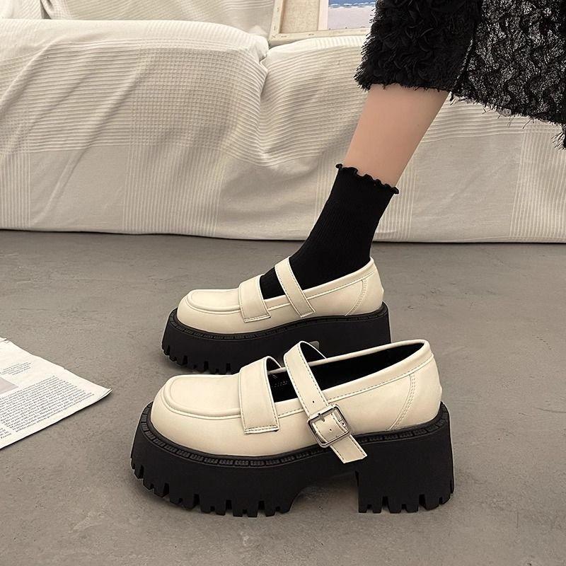 Plateauschuhe aus Leder im britischen Stil für Damen, schwarz, dicker Absatz, High Heels, Jane, Einzelschuhe, Halbschuhe