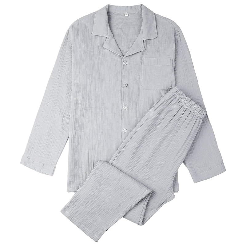 

[Sumolux] pajamas men s long sleeve 100% cotton spring room wear double gauze Front opening Room wear sweat absorption ventilation skin-friendly Soft