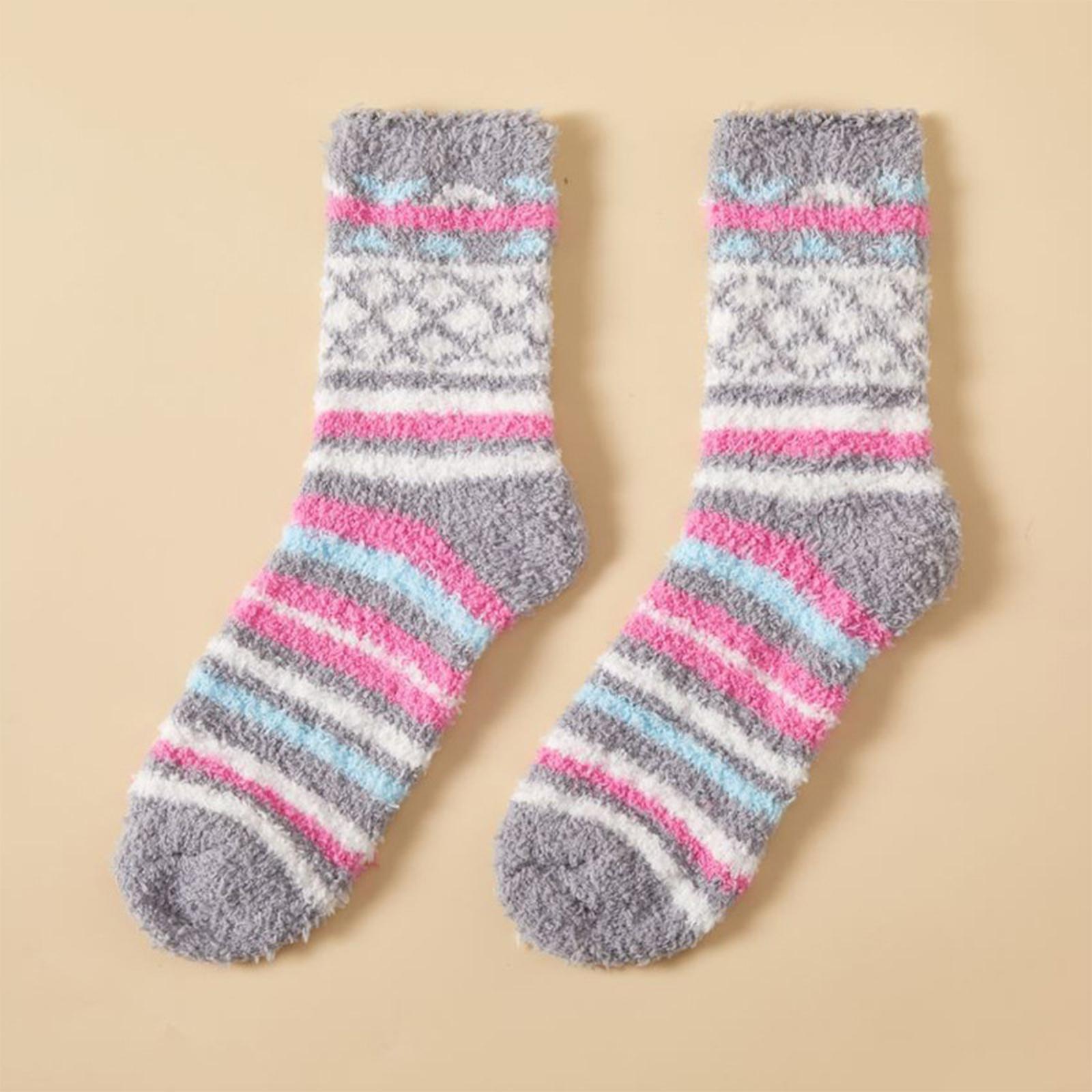 Women Coral Fleece Mid-Calf Socks Soft Warm Floor Socks Sleep Socks Striped Pattern Non-Shedding Cozy Indoor Socks One Size