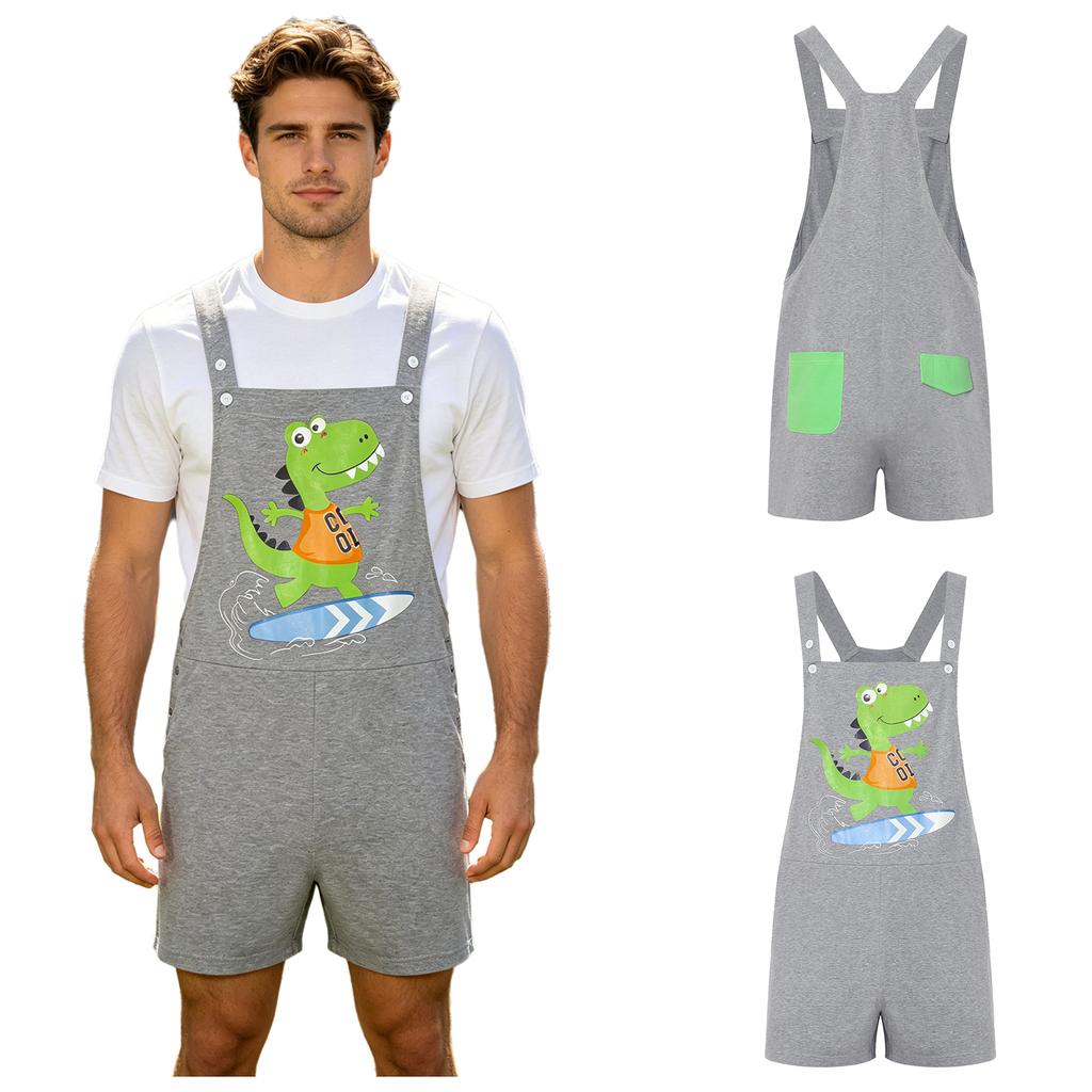 S-XXL Tuta Pigiama da Uomo con Stampa Dinosauro Cartone Animato Colore a Blocchi Posteriore Tasche Spallacci Regolabili Shorts a Salopette Tuta Pigiami
