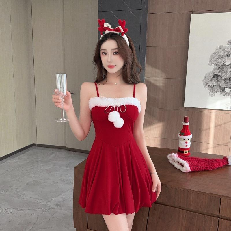 

New Christmas Party Bunny Hairy Collar Off-the-Shoulder Bow Red Slim Suspender Dress L червоний