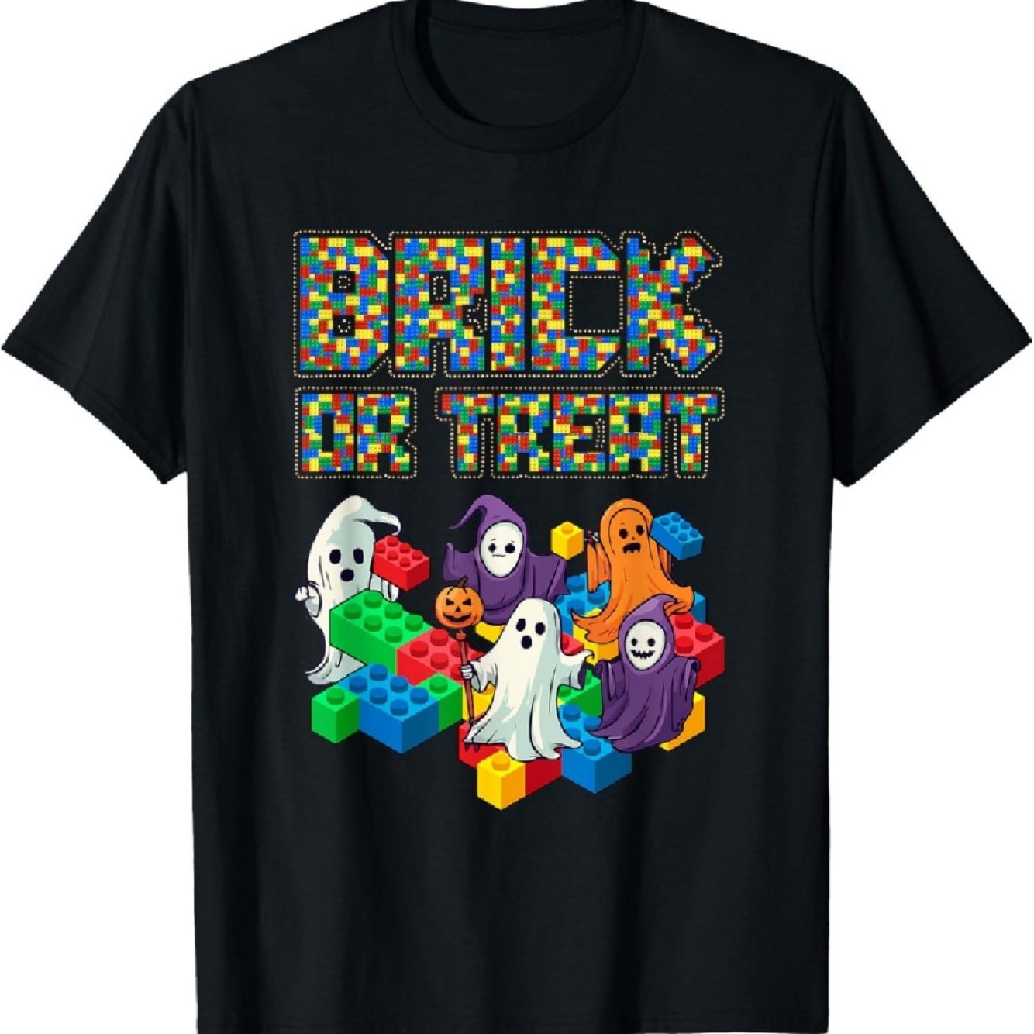 

Block Building Halloween Brick Or Treat Kids Master Builder T-Shirt S