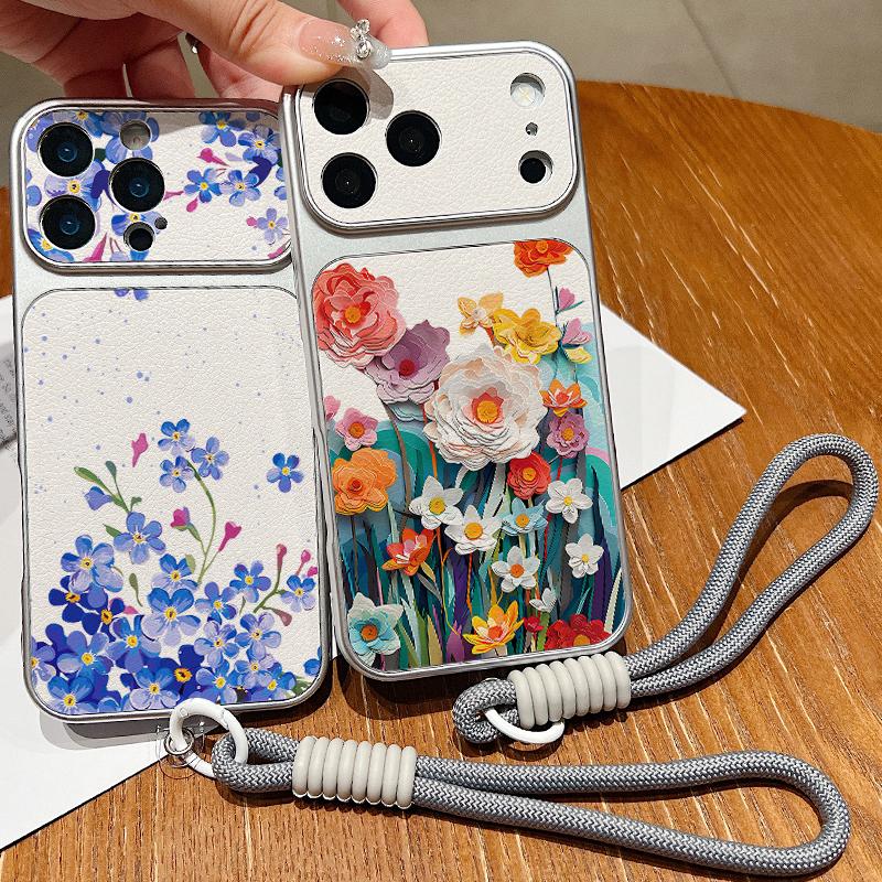 Colorful Flowers Print Leather Lanyard Case For iPhone 18 Pro Max Hybrid TPU+PU Anti-skid Soft Cover For iPhone 17 16 15 14 13 Pro Max