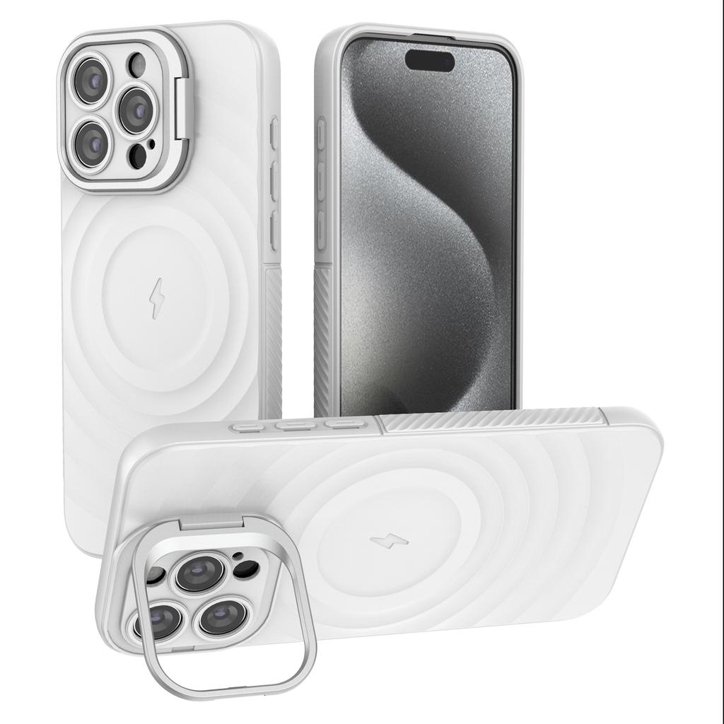 For iPhone 16 Pro Magnetic Case PC Kickstand Ripple Texture TPU Phone Cover