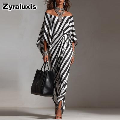 Summer Women's Fashion Street Style New Loose Striped One-Shoulder Dress for Women