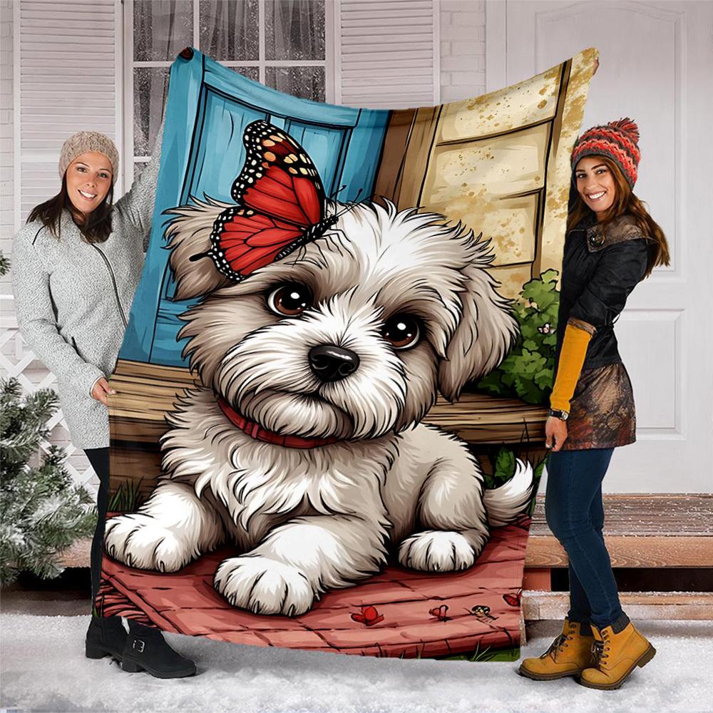 1pc Butterfly Doggie Outdoor Flannel Blanket , Machine Washable Perfect Gift for Birthday , Holiday Travel Accessory , Durable Material