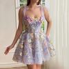 Elegant 3D Flowers Embroidery Women Strap Dresses Sweet Lace Up Off Shoulder Backless Party Dress Spring Summer Lady Robe