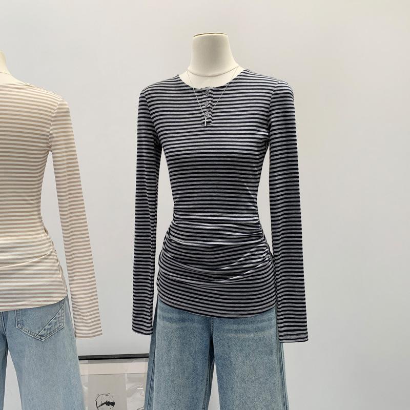 

Women s Winter 2025 Korean Style Striped Long-Sleeve Base Layer Top M темно-серого