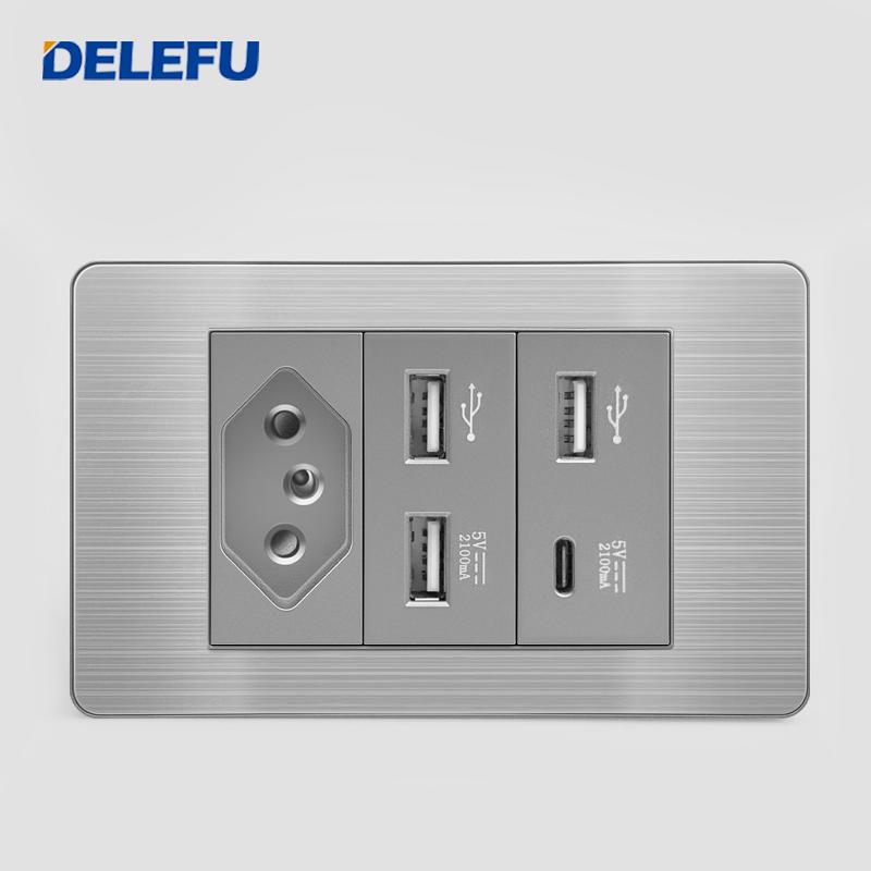 DELEFU Brazilian Model 118 Type 10A/20A Stainless Steel Grey Durable PC USB Socket with Type-C 20W Fast Charging