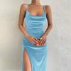 Women's Spring Summer Sexy Velvet Spaghetti Strap Maxi Dress, Slim Fit High Slit Cowl Neck Evening Party Formal Cocktail Gown