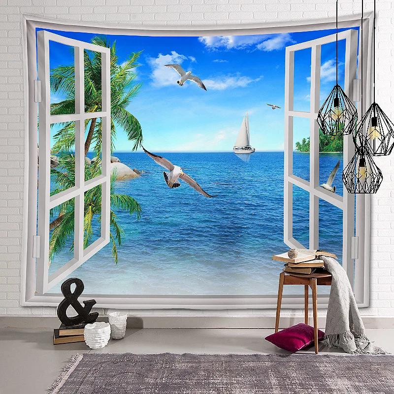 New Landscape Tapestry Tree Hole Window Beautiful Wall Cloth Green Forest  Background Painting