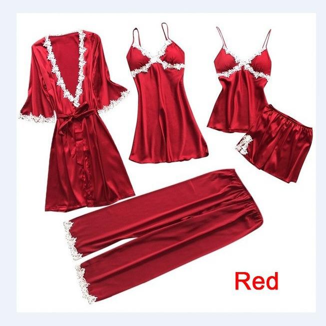 Damen Sexy Fünfteiliger Pyjama-Set - Sommer Braut Mid-Sleeve Morgenmantel, Übergröße Nachtwäsche Bademantel