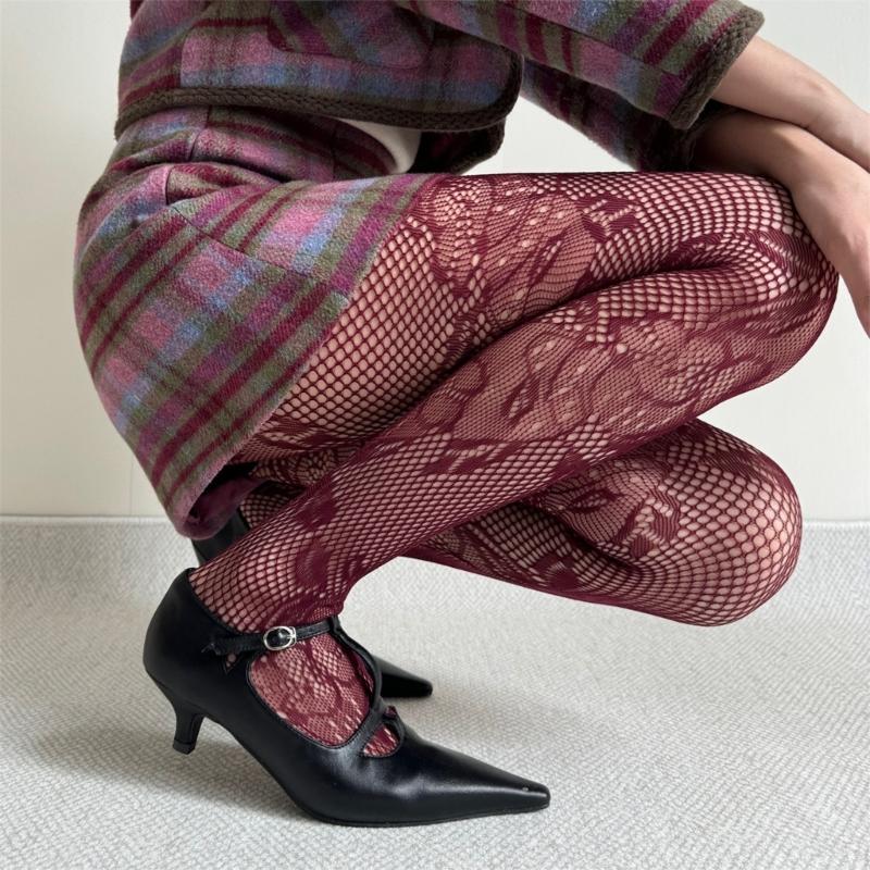 Women See Through Fishnet Mesh Pantyhose Stockings Aesthetic Elegant Hollowed Flower Patterned Tights Leggings Hosiery