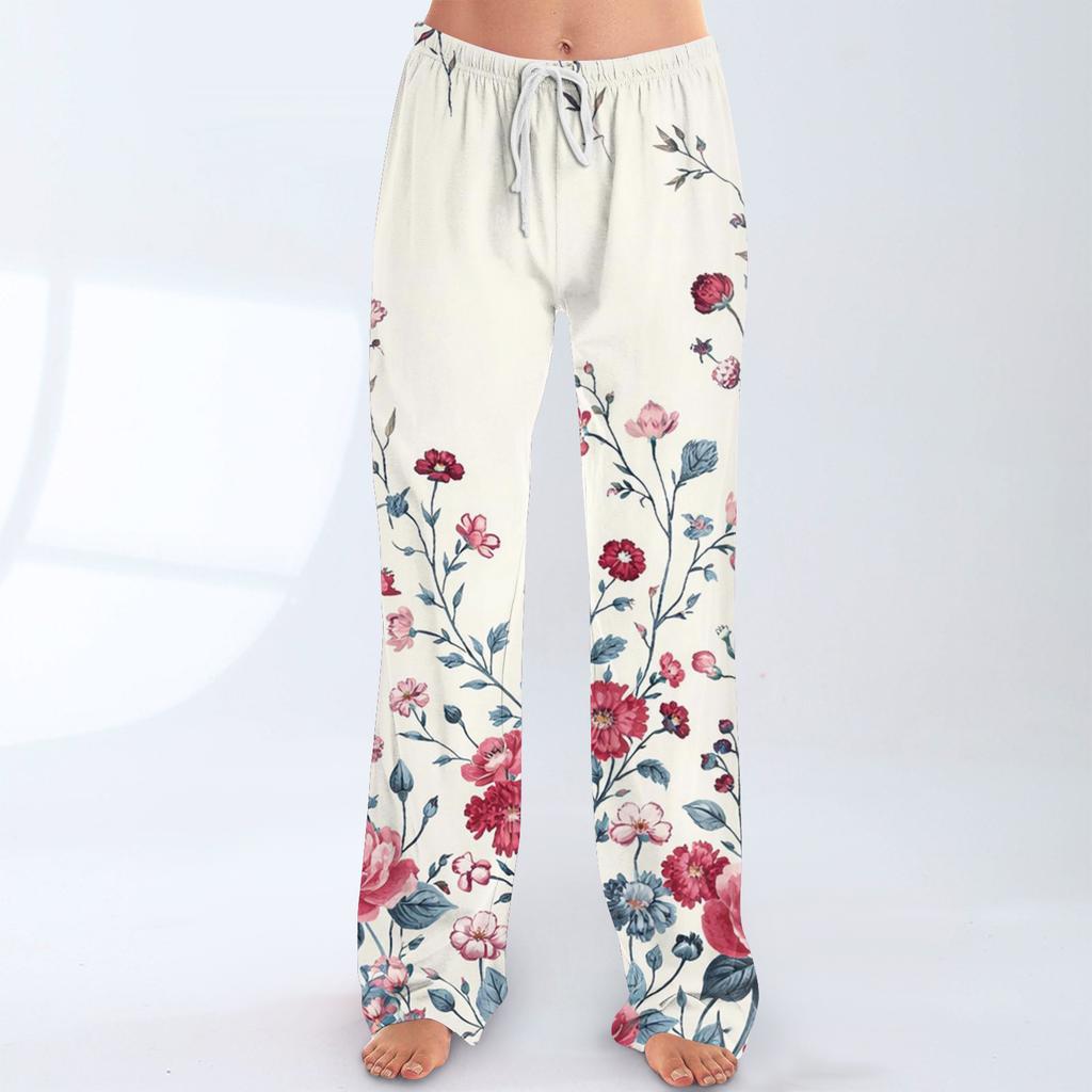 Pantalon Casual Imprimé à Taille Élastique à Cordon de Serrage, Coupe Ample pour Femme