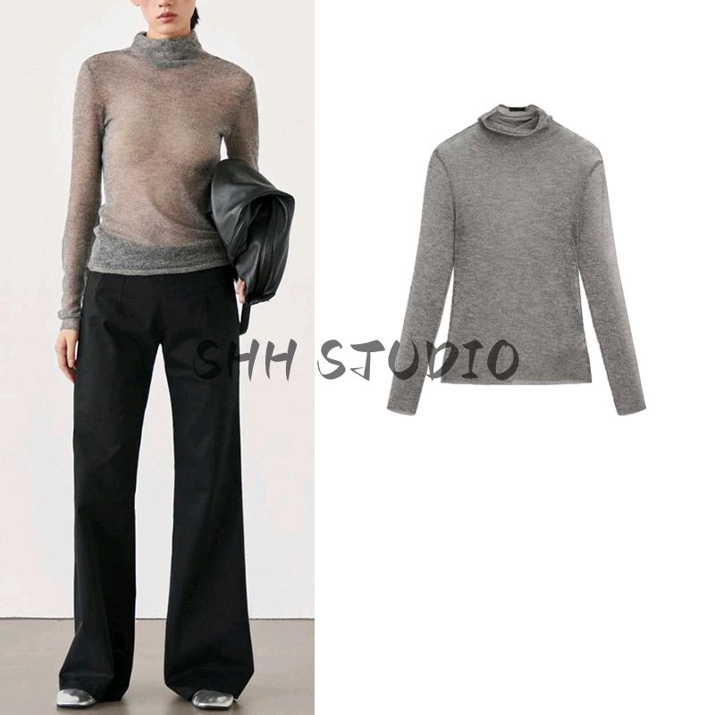 MD Spring New Arrival Women's American Basic Style Semi See-through Turtleneck Long Sleeves Knitting Bottoming Shirt T-shirt 6806524