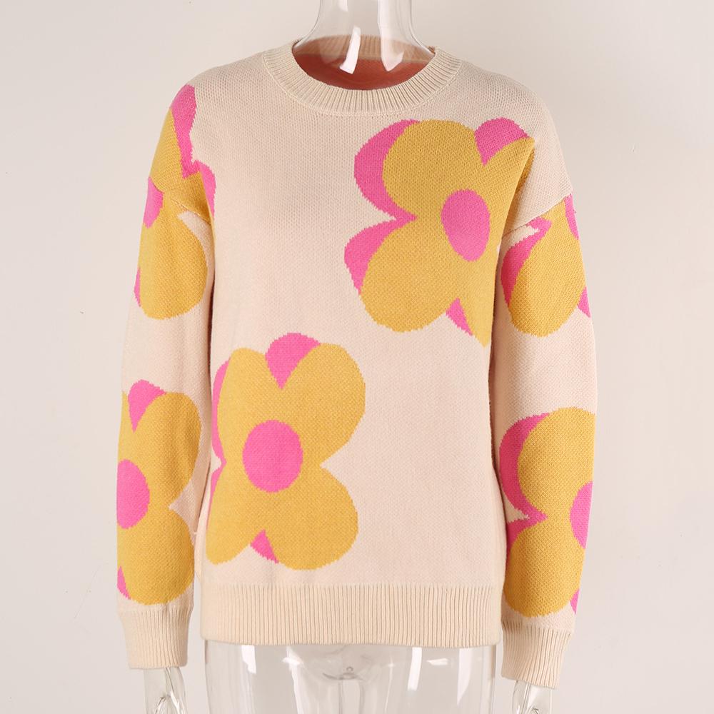 Pulover de toamnă și iarnă pentru femei, imprimat, cu gât rotund, la modă, cu floare mare