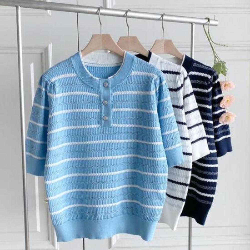 New Arrivals Open Run Short Sleeve Knit Round Neck Ribbed Punching Mesh Stripe
