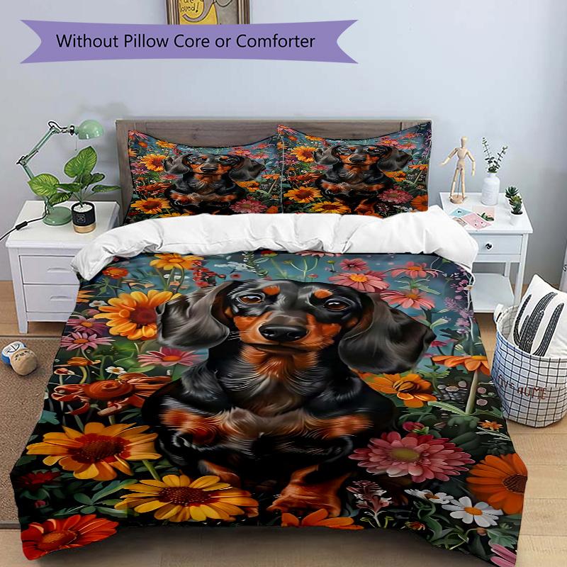 3pcs Dachshund Dog Floral Garden Bedding Set, Includes One Quilt Cover and Two Pillowcases (No Core), Anime Cartoon Design, Polyester Fabric