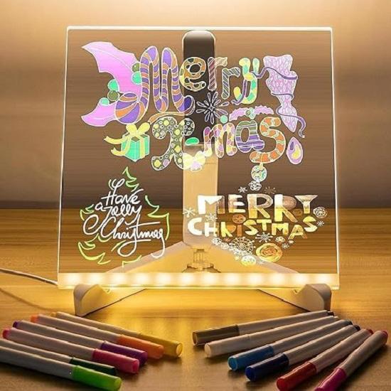 LED Acrylic Writing Board with Light & 7 Pens |  DIY 3D Rewritable Message Pad | Night Lamp & Display Board for Home