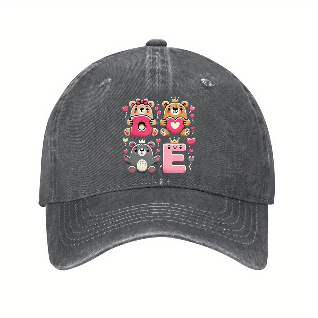 Cute Love Bears Print Baseball Cap Unisex Adjustable Cotton Dad Hat Casual Outdoor Running Cap