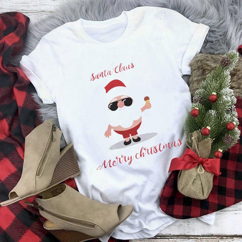Women's Crew Neck Short Sleeve Graphic Print Christmas T-Shirts Loose Fit Casual Tees