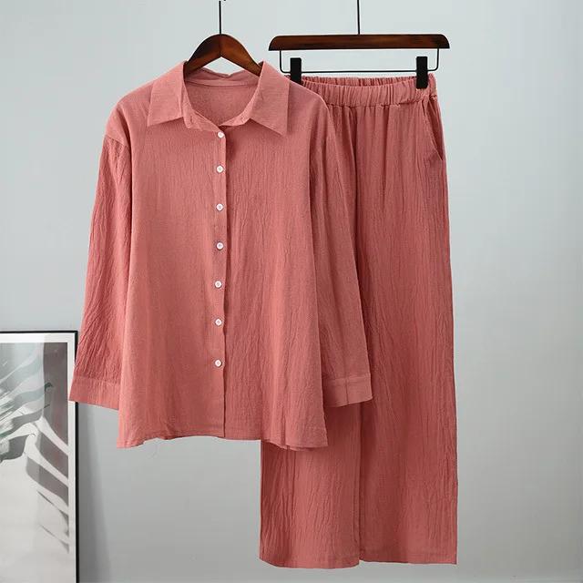 Set Musulmano da Donna Set Pantaloni a Gamba Larga Set Due Pezzi Lino Bottoni Camicia Completo Ramadan Eid Dubai Ensemble Abbigliamento Arabo