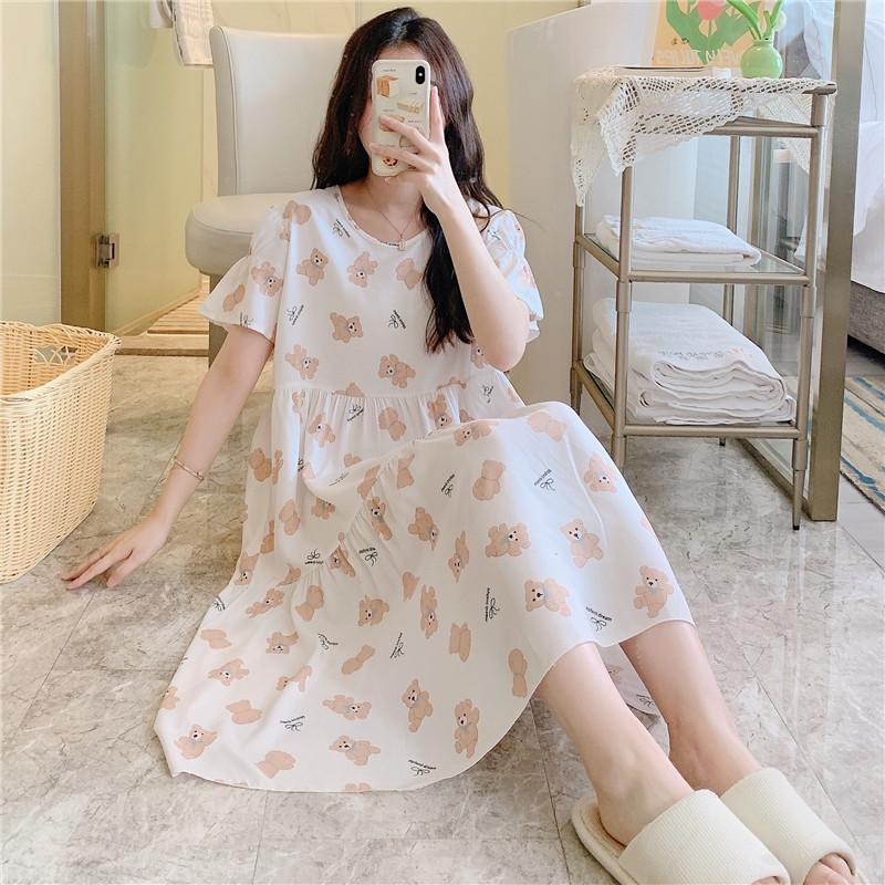 Cotton and Silk Nightgown Women's Summer Short-sleeved Large-size High-end Printed Maternity Pajamas Can Be Worn Outside Long Loungewear