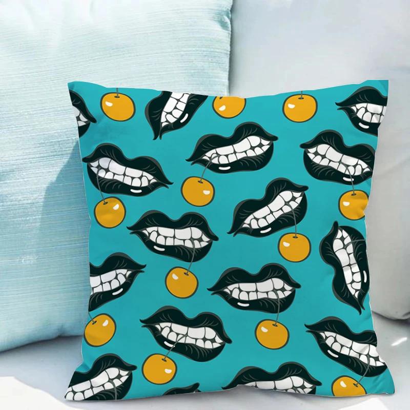 

Двусторонняя печать Иллюстрация рта Наволочки x Наволочка Подушки для спальни Диван Двуспальное постельное белье Короткий плюш 66x66cm бордовый