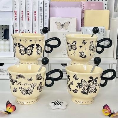 French Retro Butterfly Mug for Girls, High-end Coffee Cup, High-value Ceramic Water Cup, Birthday Gift for Girlfriends