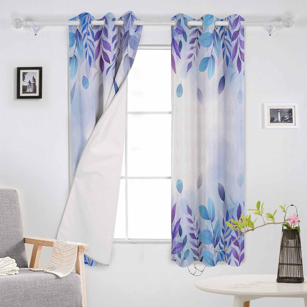 Roślinne Opady Liści Niebieski Fioletowy Akwarela Barwione Wiejskie Zasłony Zaciemniające Do Salonu Sypialni Dekoracja Okna Żaluzje Draperie