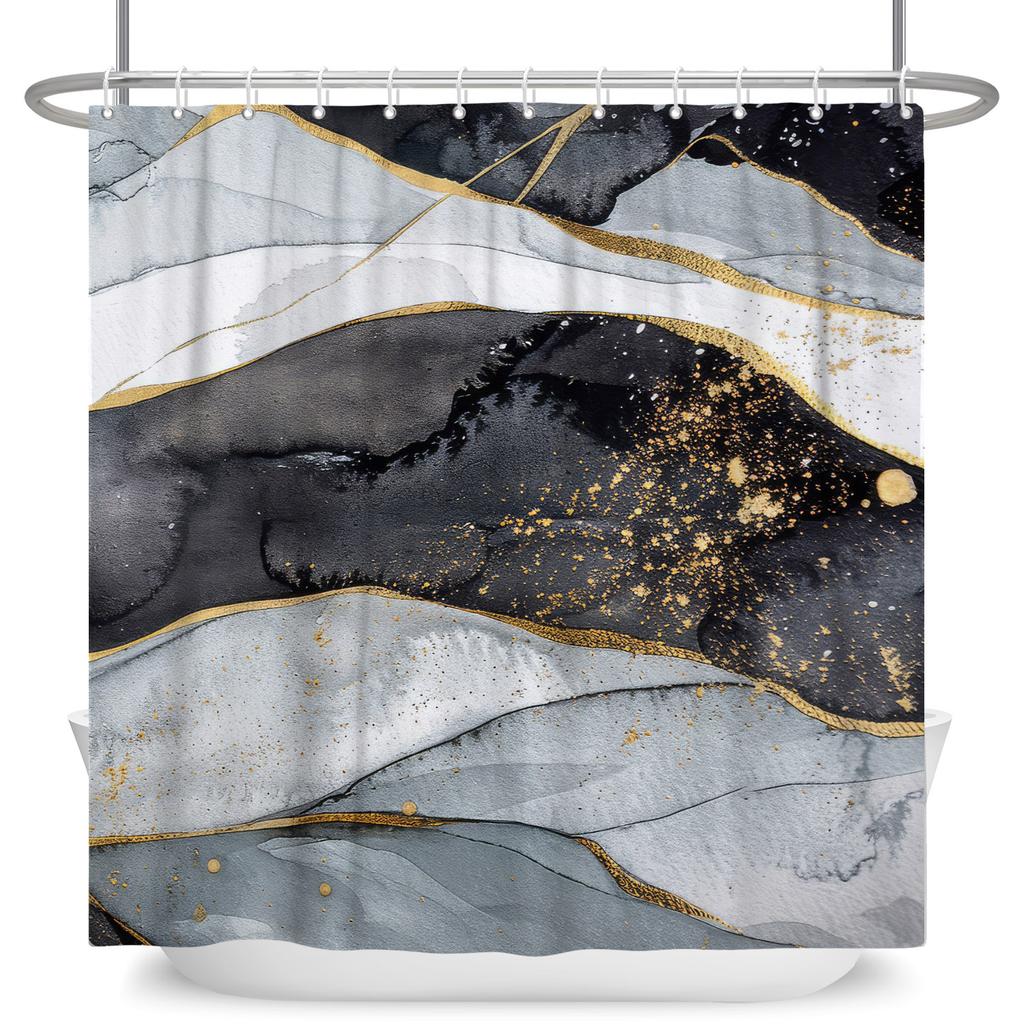 Luxury Marble Texture Shower Curtain Abstract Geometric Print Bath Curtain For Bathroom Decor Modern Minimalist Design With Hook