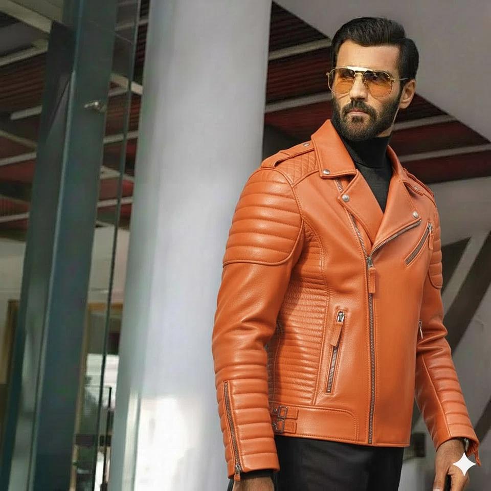 

Motorcycle Biker Stylish Orange Lambskin Leather Brown Men s Handmade Jacket Real Causal 3XL помаранчевий